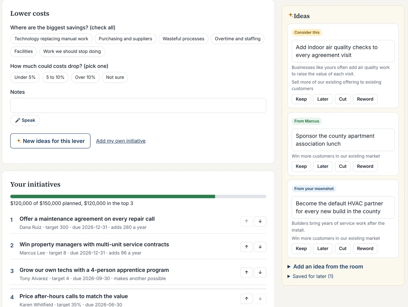 Initiatives ranked with owners and targets, next to a list of suggested ideas